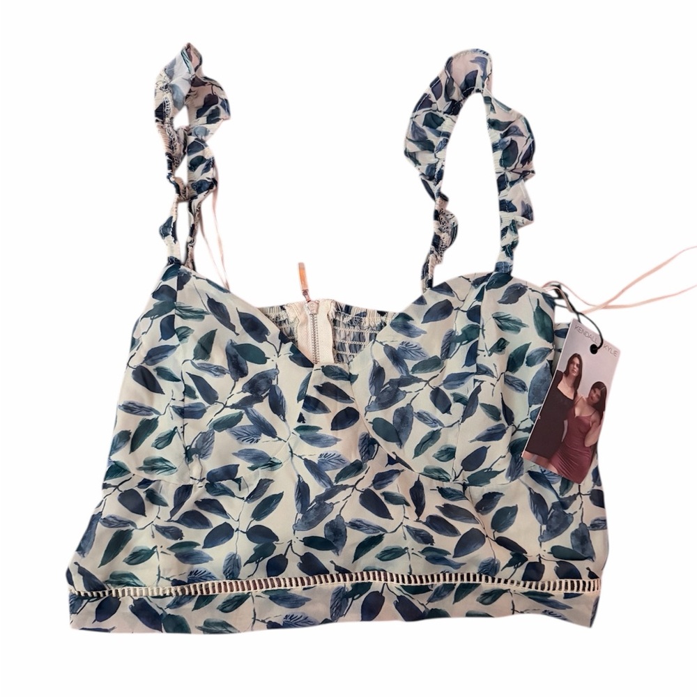 Kendall + Kylie Women XL Indigo Tropical Leaf Print Ruffle Cropped Tank top